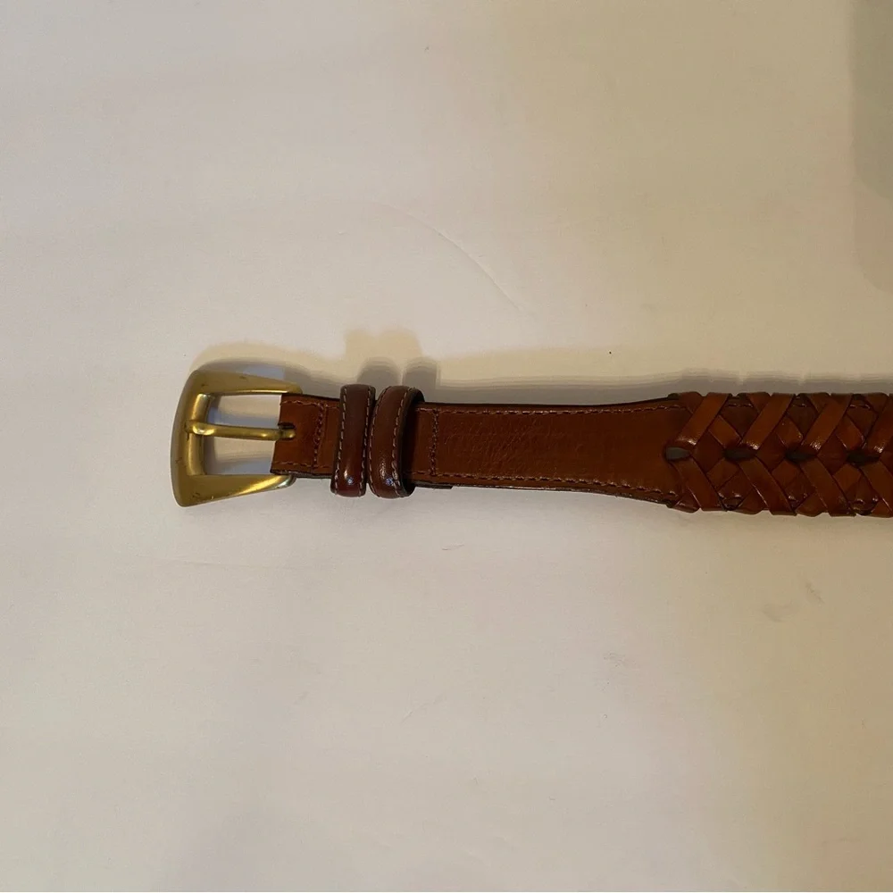 TORINO BELT BROWN LEATHER WOVEN & SMOOTH USA GOLD TONE ITALY BUCKLE SIZE 38